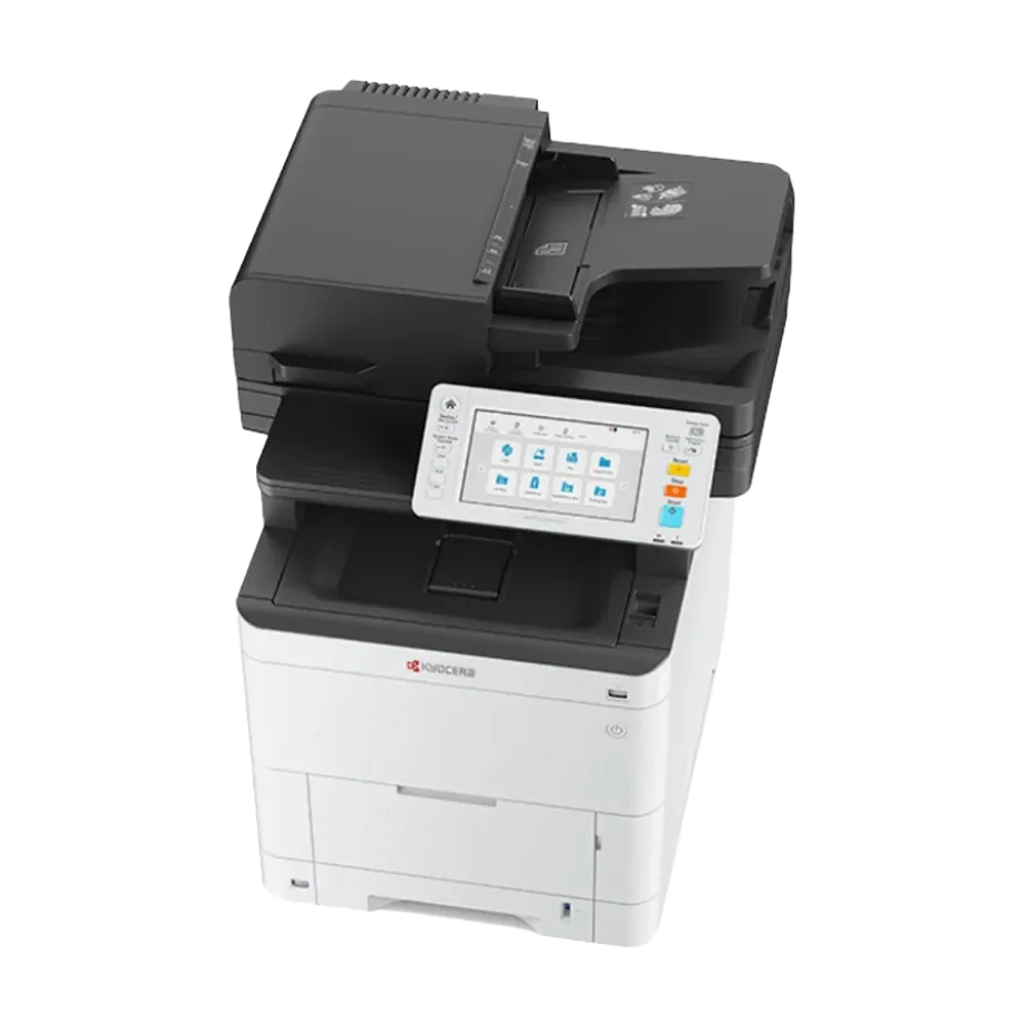 A front-facing view of the ECOSYS MA4000cifx color laser multifunction printer, featuring a 7-inch color touch panel and integrated Elevate Technology to meet professional standards for high-productivity workgroups.